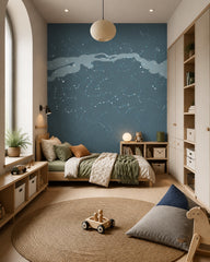 Milky Way wallpaper in a boy’s bedroom.