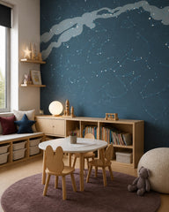 Milky Way wallpaper in a children’s playroom.