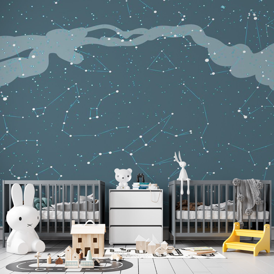Dark teal nursery wallpaper with glowing stars, delicate constellation lines, and a soft Milky Way cloud across the night sky.