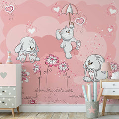 Custom Size Kids Wall Mural Pink Flowers Hearts Bunnies