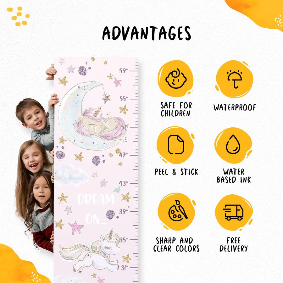 Kids' Growth Chart Peel and Stick Unicorns Rainbows Glittered Stars