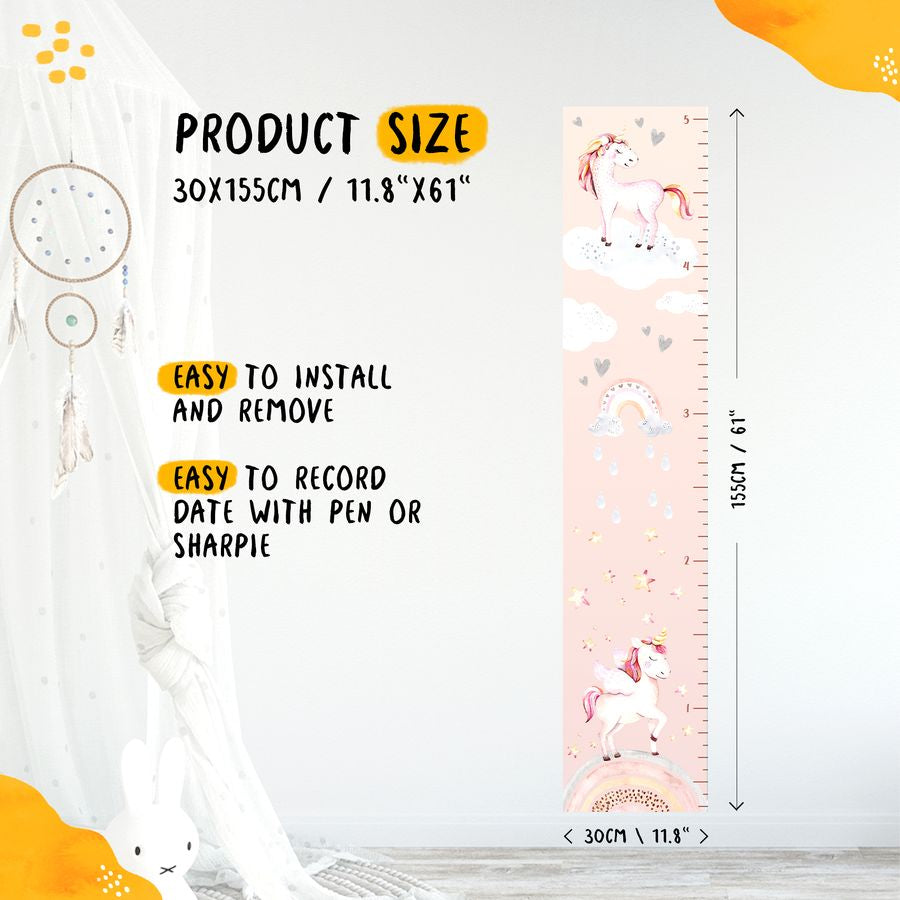 Kids' Growth Chart Peel and Stick Rainbow Unicorn Wall Decals for Bedroom Nursery