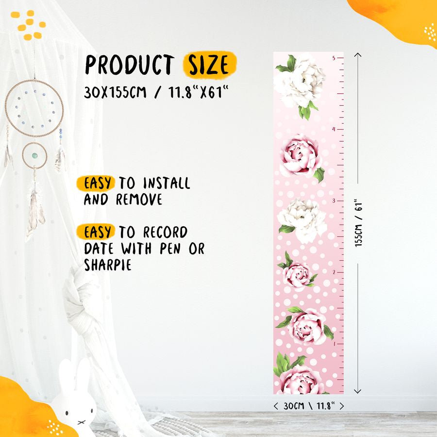 Kids' Growth Chart Peel and Stick Peony Flower Wall Decals For Girl Rooms