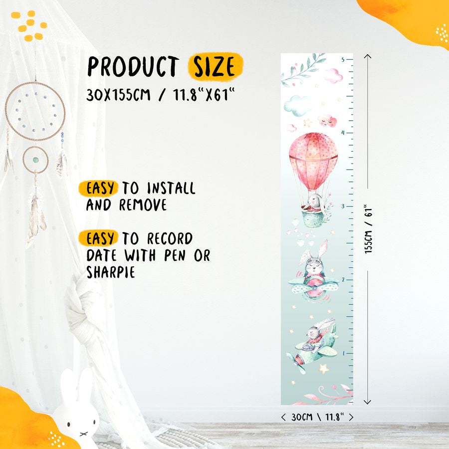 Kids' Growth Chart Peel and Stick Bunny Hot Air Balloon Wall Decals for Nursery