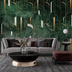 Custom Luxurious Gold and Green Art Deco Wall Mural Wallpaper - Elegant Vertical Line Design