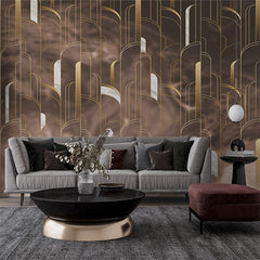 Custom Chic Taupe and Gold Art Deco Wall Mural Wallpaper - Vertical Lines and Arched Design