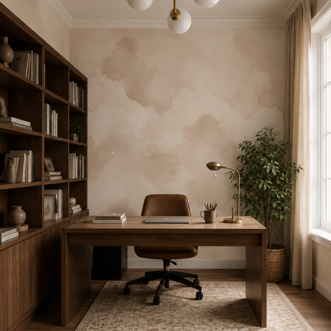 Neutral watercolor wall mural in a sophisticated home office with dark wood furniture and beige decor.