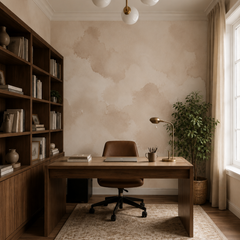 Neutral watercolor wall mural in a sophisticated home office with dark wood furniture and beige decor.