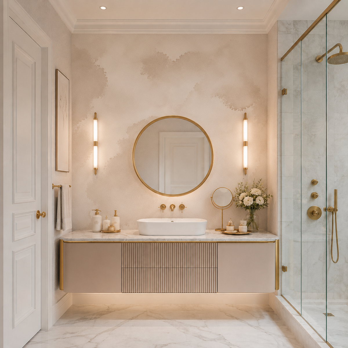 Soft beige watercolor wallpaper with abstract cloud texture in warm cream and neutral taupe tones.