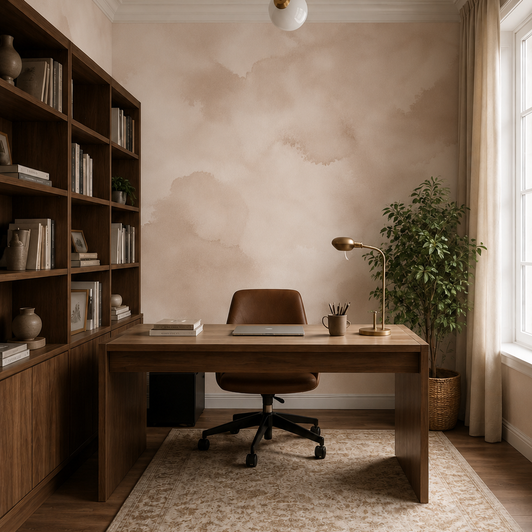 Neutral abstract watercolor wall mural displayed in a warm Mediterranean living room with natural wood and cream furniture.