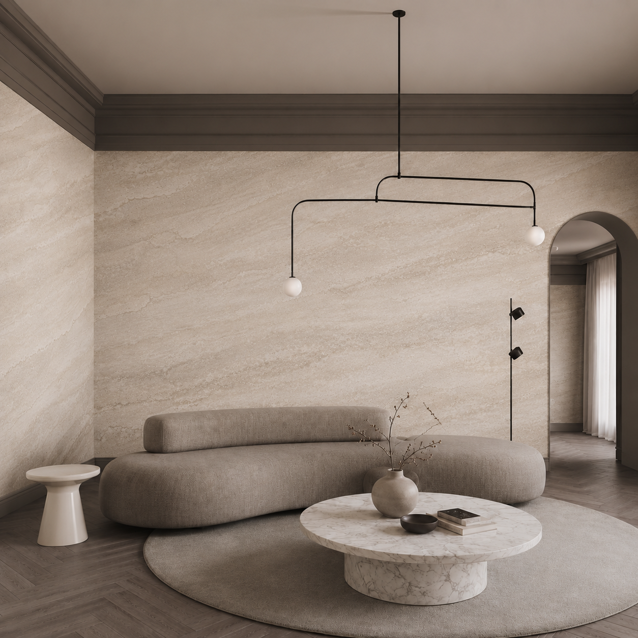 Beige stone texture wallpaper shown in an elegant dining room with dark wood table, fireplace and brass chandelier.