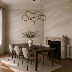 Neutral marble wall mural displayed in a modern kitchen with sage cabinets, vintage refrigerator and warm wood flooring.