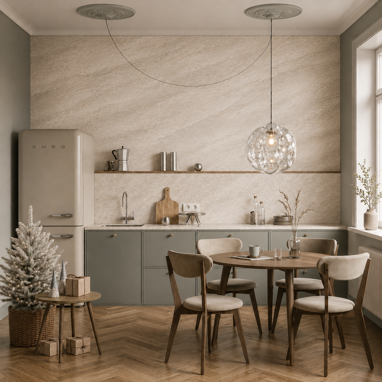 Beige marble wallpaper with soft cream and taupe stone texture shown in an elegant bathroom with dark vanity and gold accents.