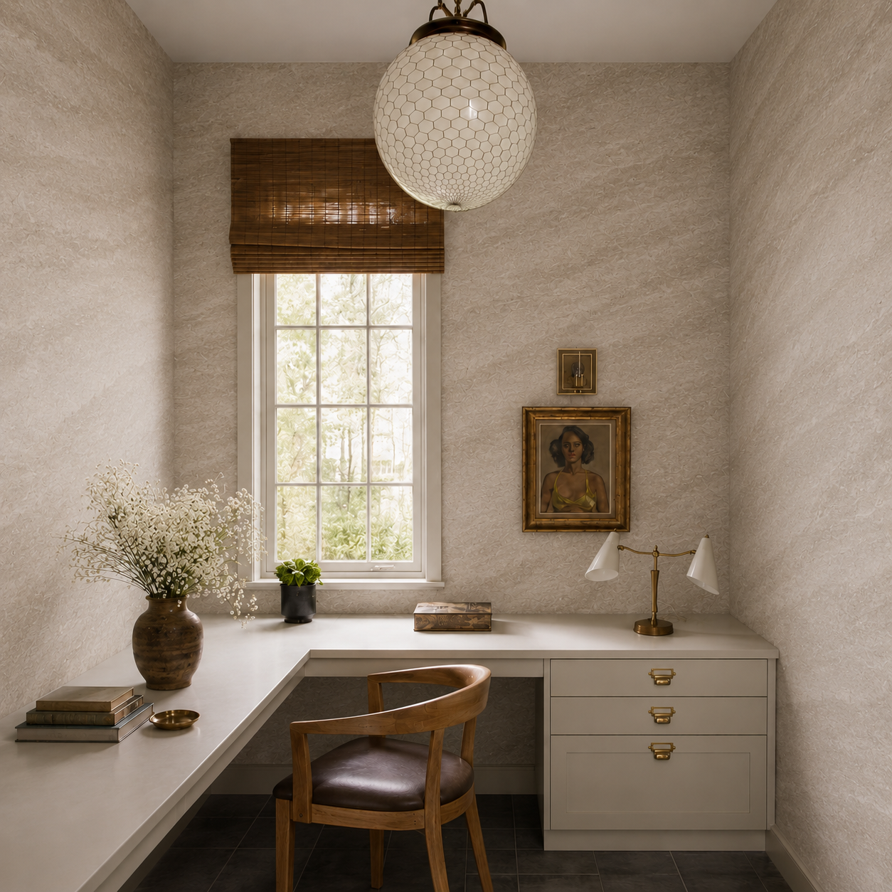Beige marble wallpaper shown in a sophisticated home office with built-in desk, brass lighting and natural wood details.