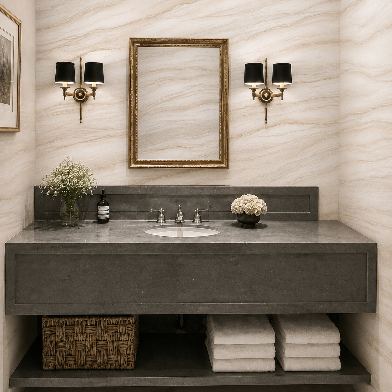 Cream marble wall mural displayed in a modern living room with curved neutral sofa and marble coffee table.