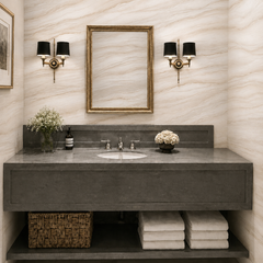Cream marble wall mural displayed in a modern living room with curved neutral sofa and marble coffee table.