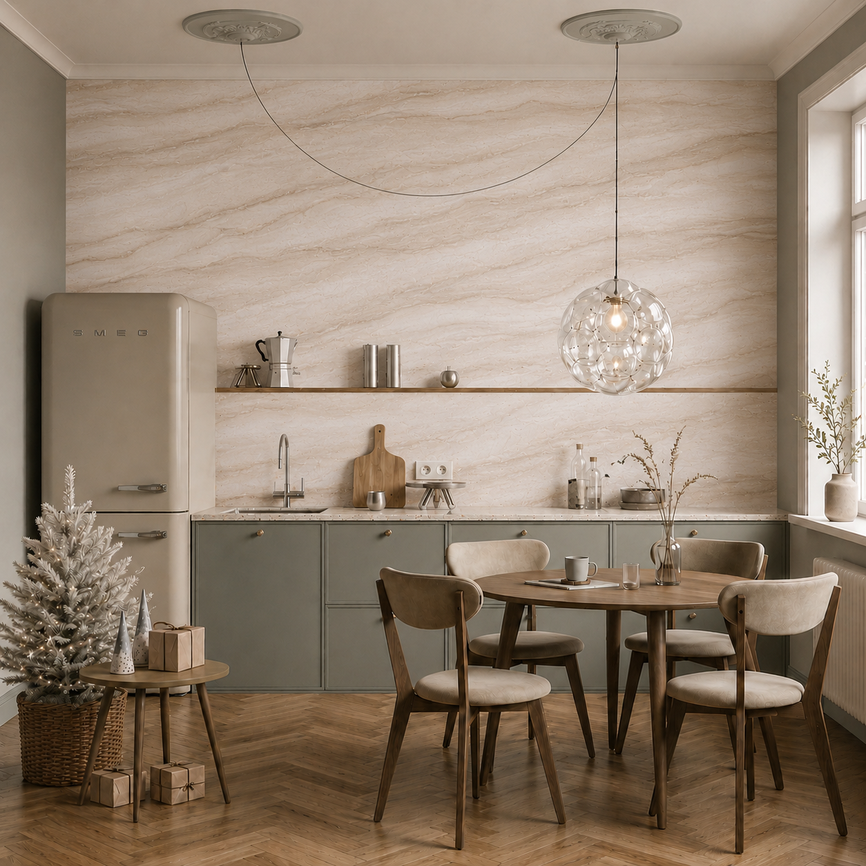 Neutral marble wallpaper displayed in a modern kitchen with muted green cabinets and warm wood flooring.