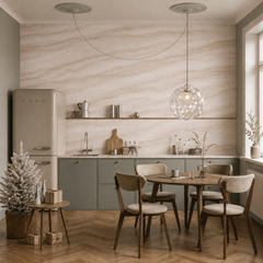 Neutral marble wallpaper displayed in a modern kitchen with muted green cabinets and warm wood flooring.