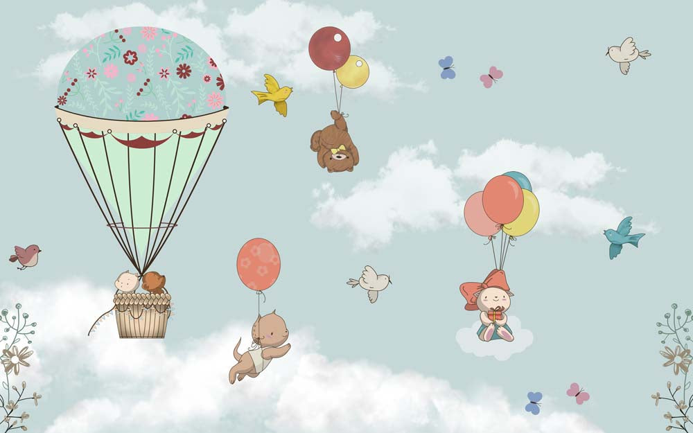 Kids Wall Murals Hot Air Balloon Clouds Cute Animals in Blue Sky