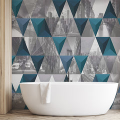 Custom Urban Collage Geometric Wallpaper with Monochrome and Teal Triangles