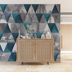 Custom Urban Collage Geometric Wallpaper with Monochrome and Teal Triangles