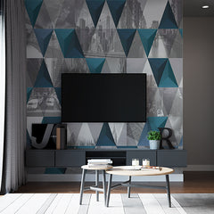 Custom Urban Collage Geometric Wallpaper with Monochrome and Teal Triangles