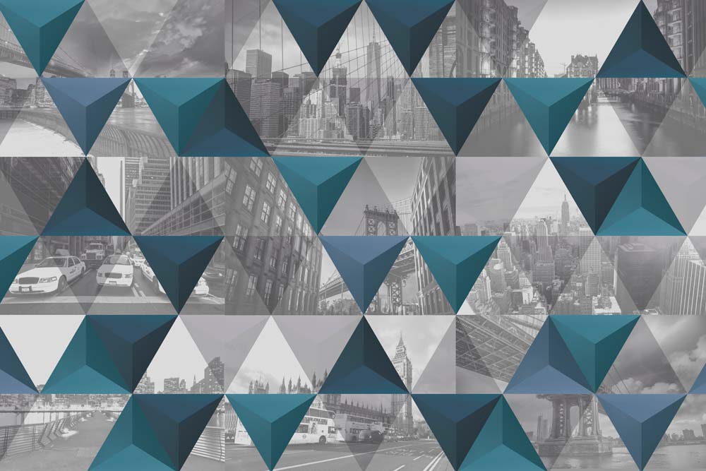 Papier peint triangles bleu canard et gris – Papier peint panoramique collage géométrique urbain