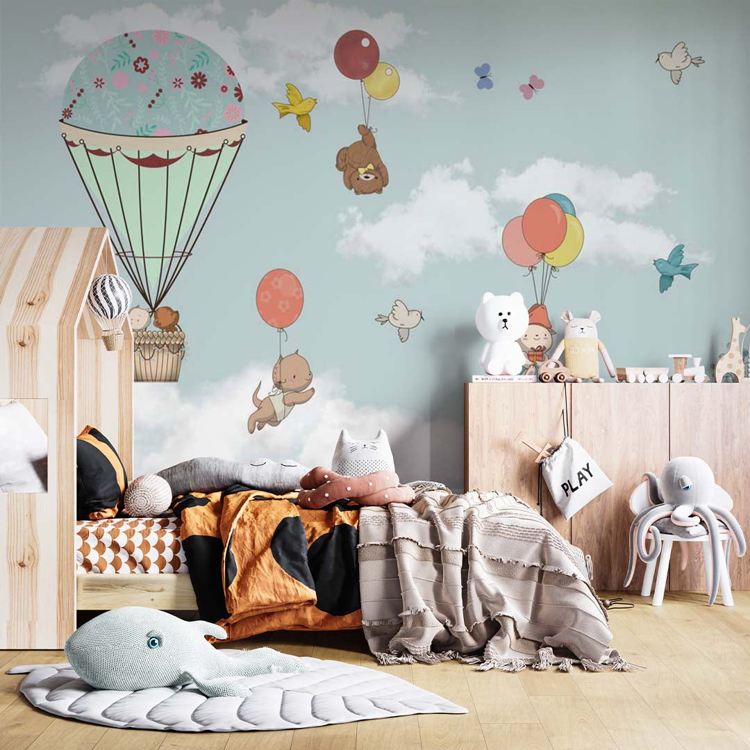 Kids Wall Murals Hot Air Balloon Clouds Cute Animals in Blue Sky