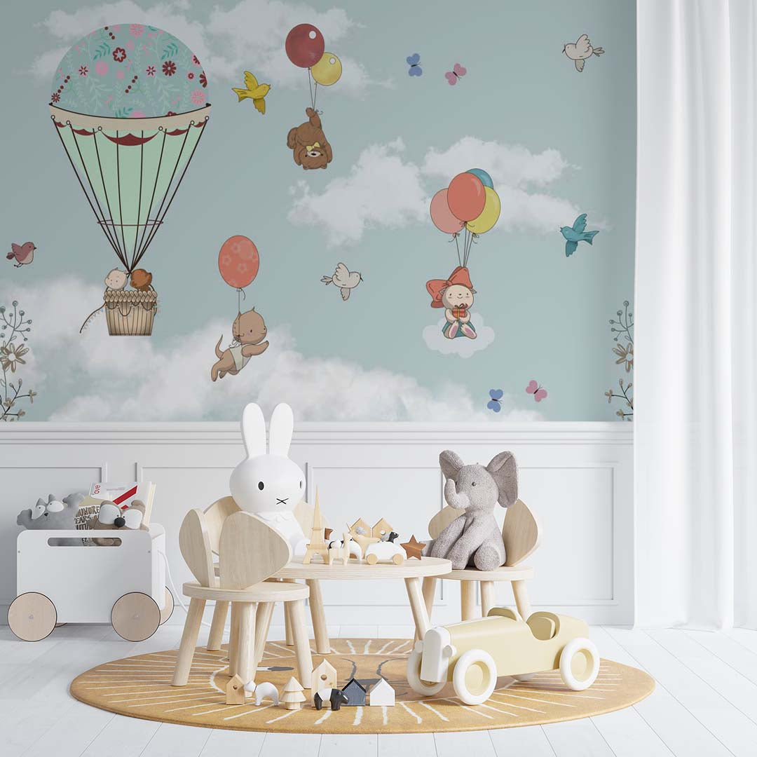 Kids Wall Murals Hot Air Balloon Clouds Cute Animals in Blue Sky