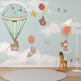 Kids Wall Murals Hot Air Balloon Clouds Cute Animals in Blue Sky