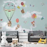 Kids Wall Murals Hot Air Balloon Clouds Cute Animals in Blue Sky