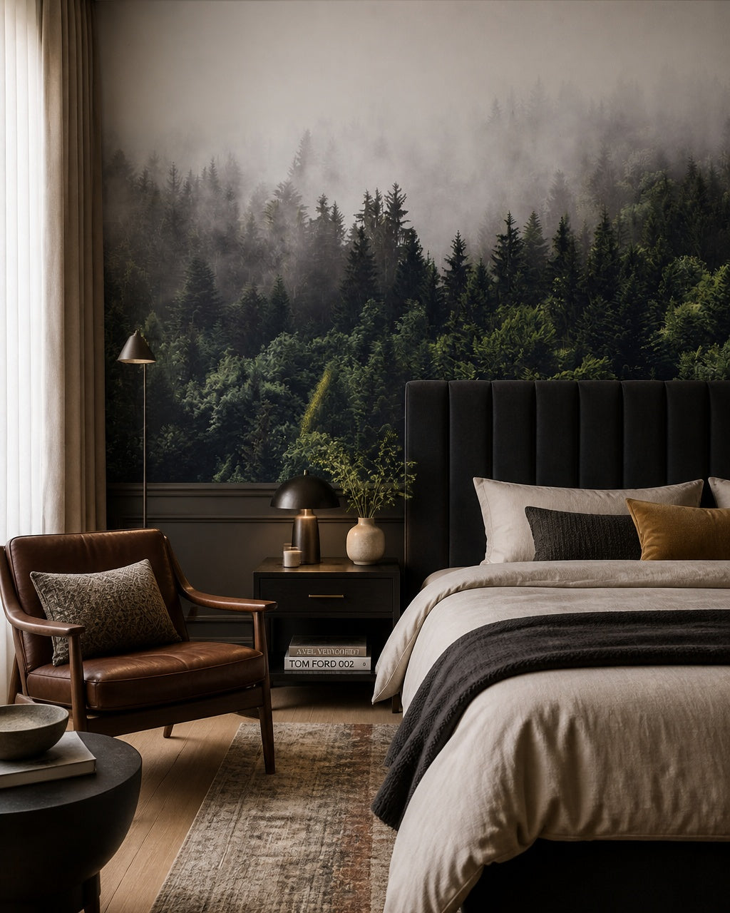 Misty pine forest wallpaper in a designer bedroom.