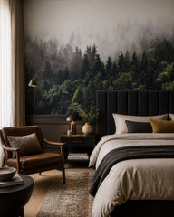 Misty pine forest wallpaper in a designer bedroom.