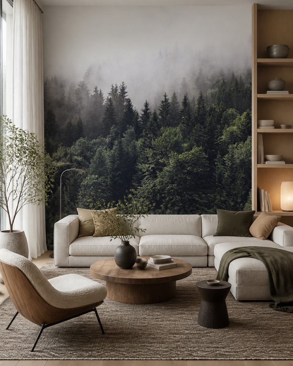 Misty pine forest wallpaper in a designer living room.