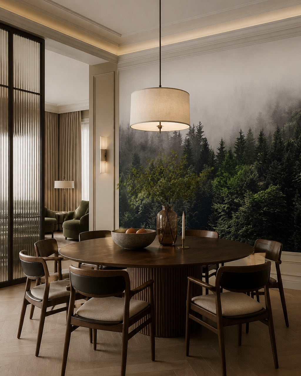Misty pine forest wallpaper in a refined dining area.