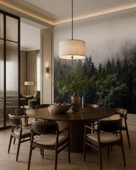 Misty pine forest wallpaper in a refined dining area.