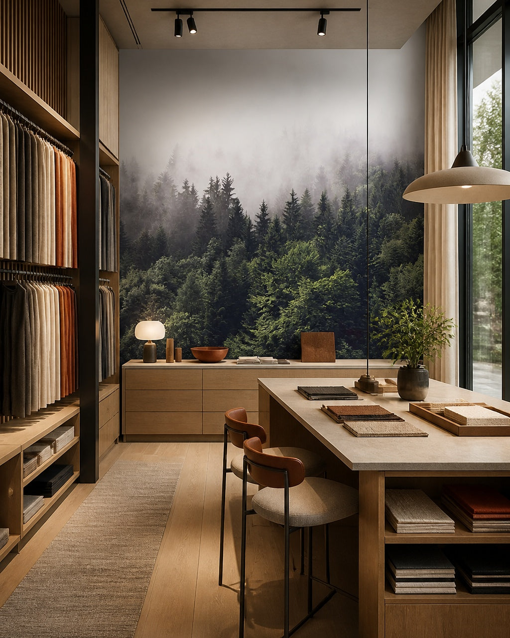 Misty pine forest wallpaper in a design showroom.
