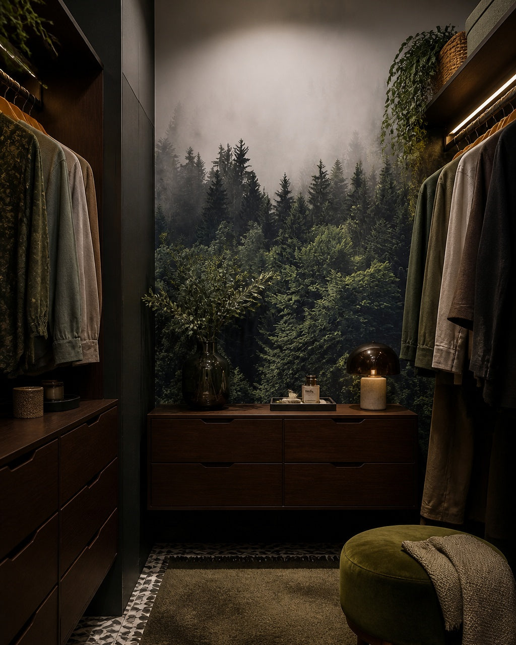 Misty pine forest wallpaper in a dressing room.