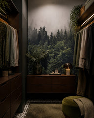 Misty pine forest wallpaper in a dressing room.