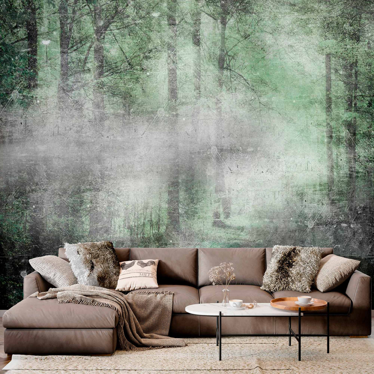 Custom Grunge Misty Forest Wall Mural Wallpaper - Textured Woodland with Foggy Atmosphere