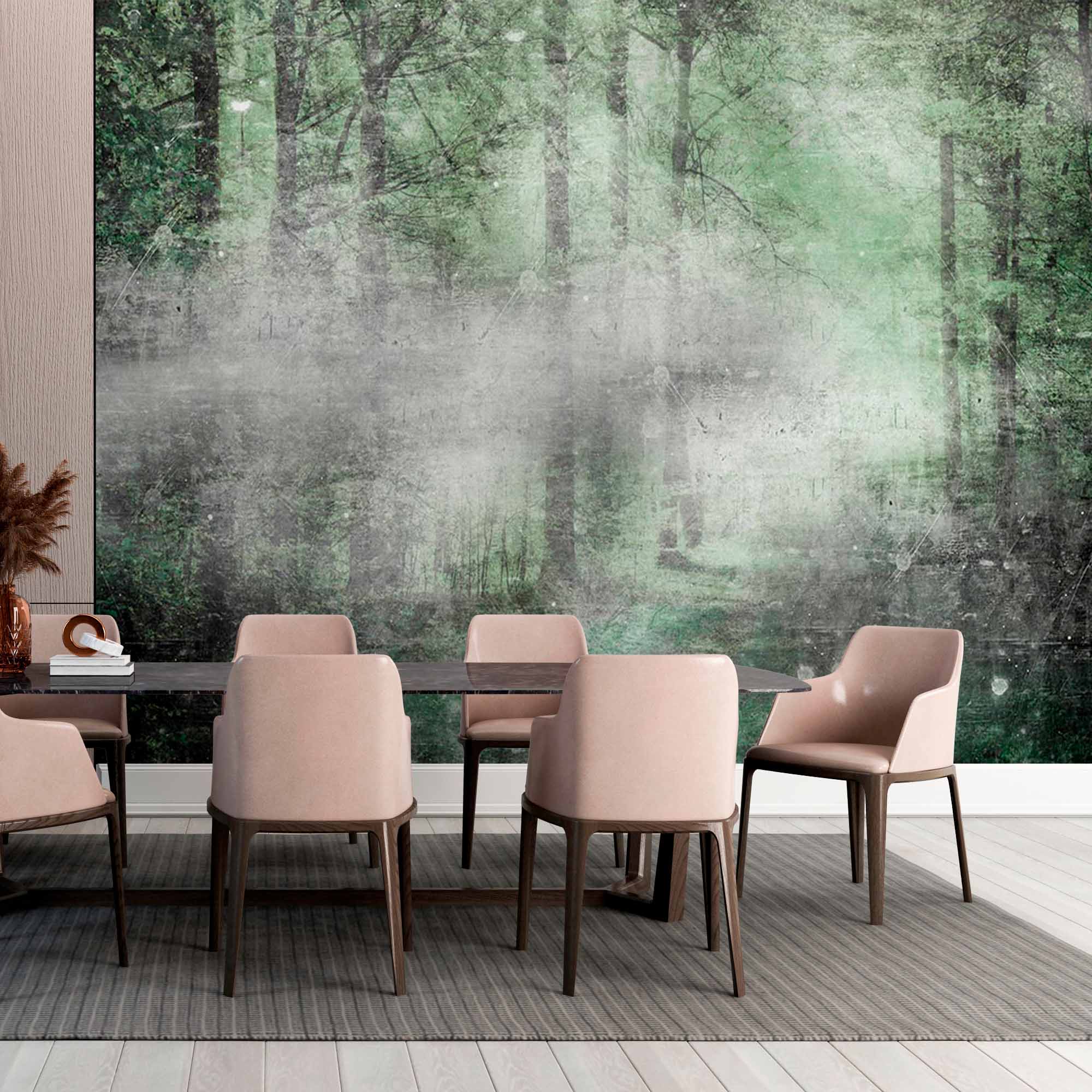 Grunge Misty Forest Wall Mural Wallpaper - Textured Woodland with Foggy Atmosphere