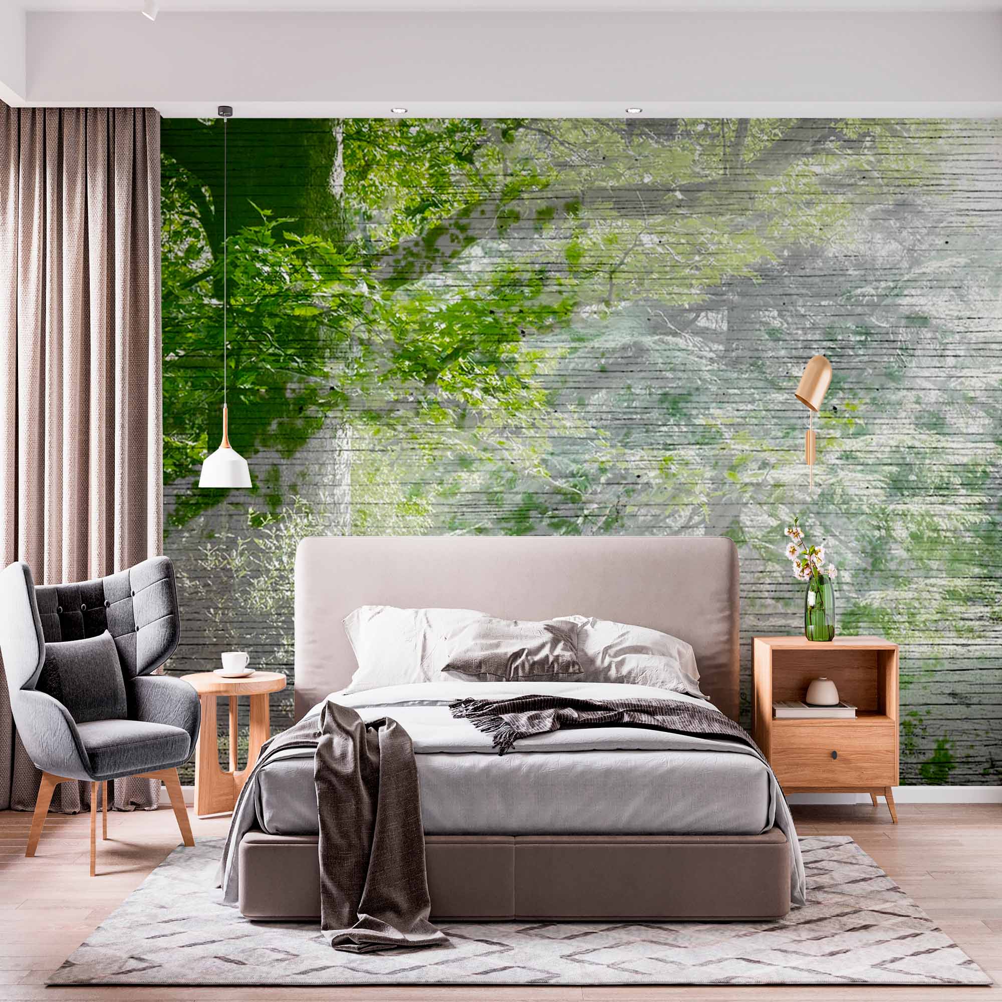 Rustic Forest Blend Wall Mural Wallpaper - Nature Scene with Vintage Wood Texture