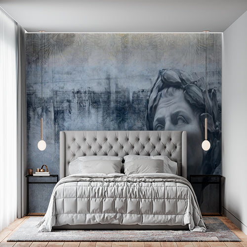 Classical Roman Statue with Abstract Blue Background Wall Murals