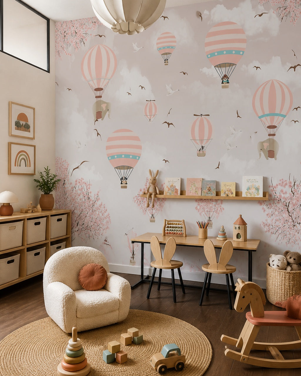 Pink sky hot air balloons wallpaper in a children’s playroom.