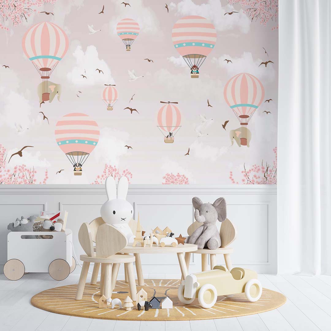 Kids Wall Murals Pink Sky Hot Air Balloons Colorful Skyline Design Wallpaper for Girls