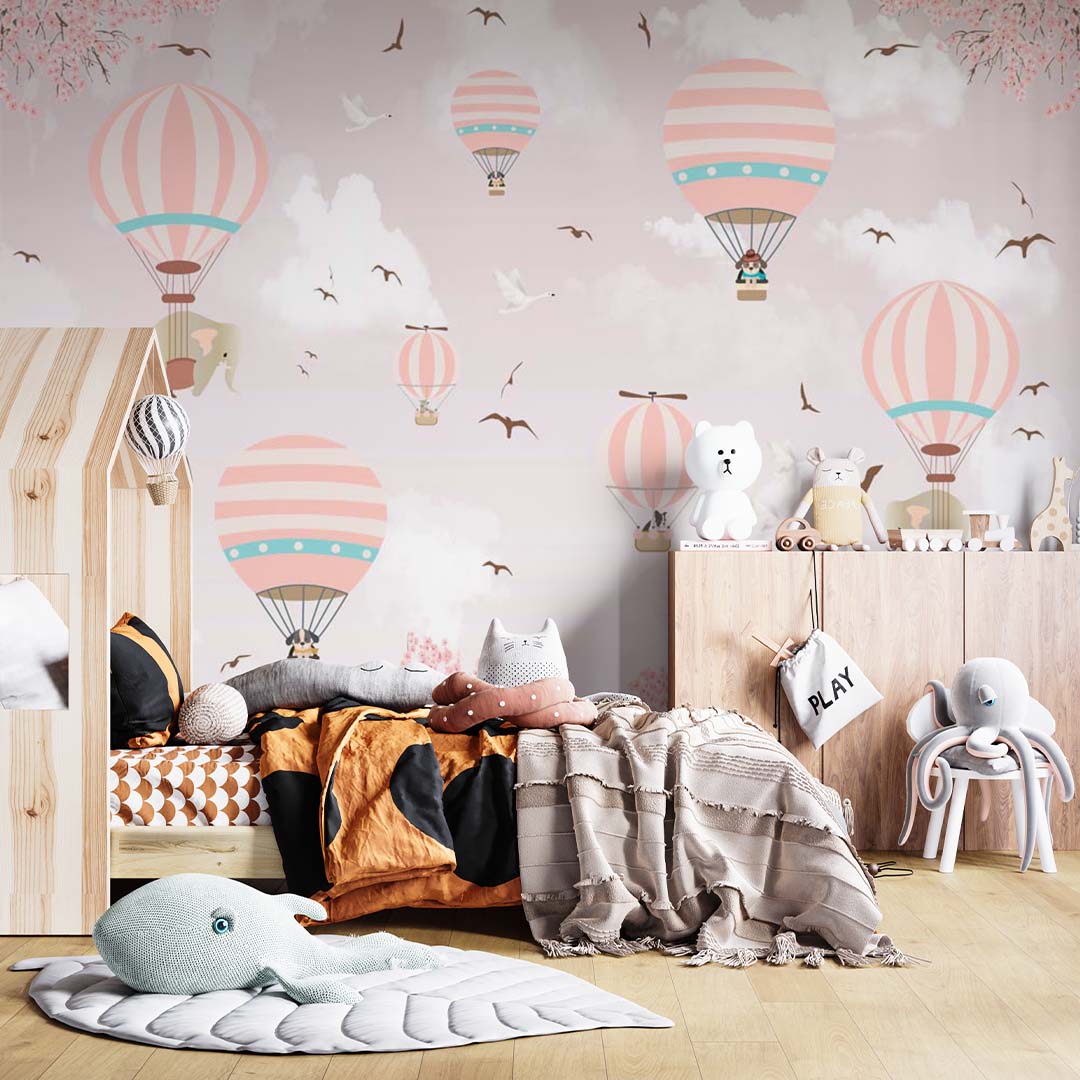 Kids Wall Murals Pink Sky Hot Air Balloons Colorful Skyline Design Wallpaper for Girls