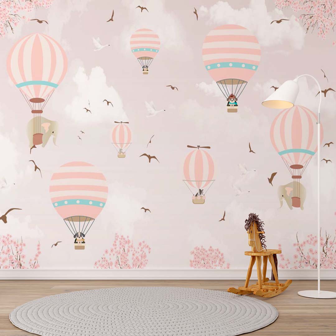 Kids Wall Murals Pink Sky Hot Air Balloons Colorful Skyline Design Wallpaper for Girls