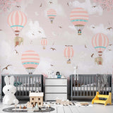 Kids Wall Murals Pink Sky Hot Air Balloons Colorful Skyline Design Wallpaper for Girls