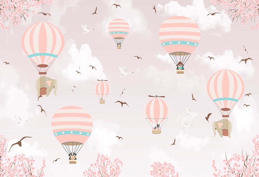 Papier peint montgolfières ciel rose – Papier peint panoramique éléphants pour filles