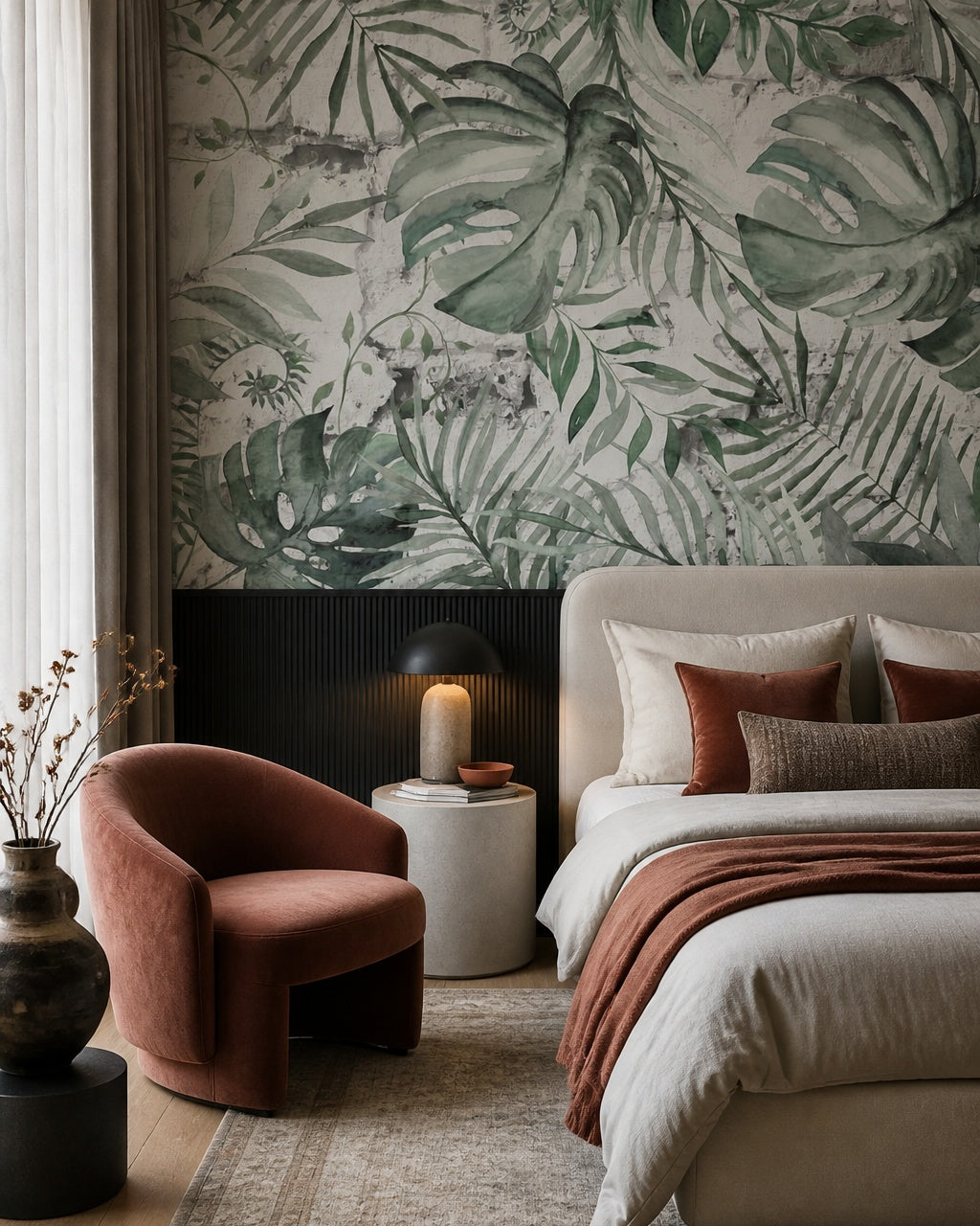 Monstera leaves wallpaper in a designer bedroom.